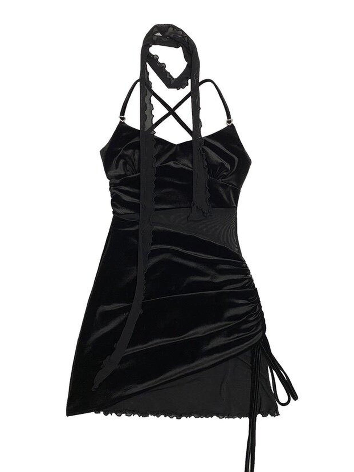 SCCREBEL Velvet Mesh Strappy Drawstring Asymmetric Women's Spandex Slip Midi Dresses