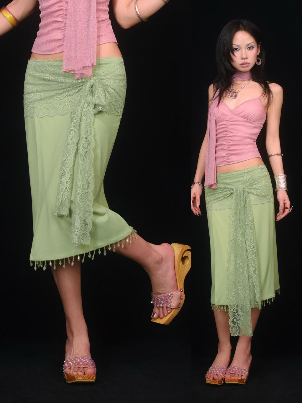 SCCREBEL Vibrant Green Handmade Beaded Patchwork Low Waist Women's Lace Midi Skirts