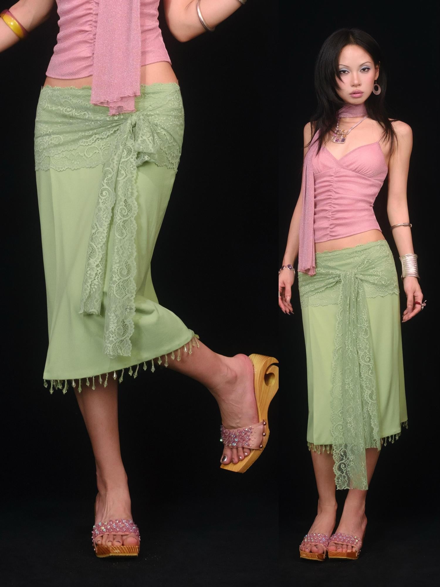 SCCREBEL Vibrant Green Handmade Beaded Patchwork Low Waist Women's Lace Midi Skirts
