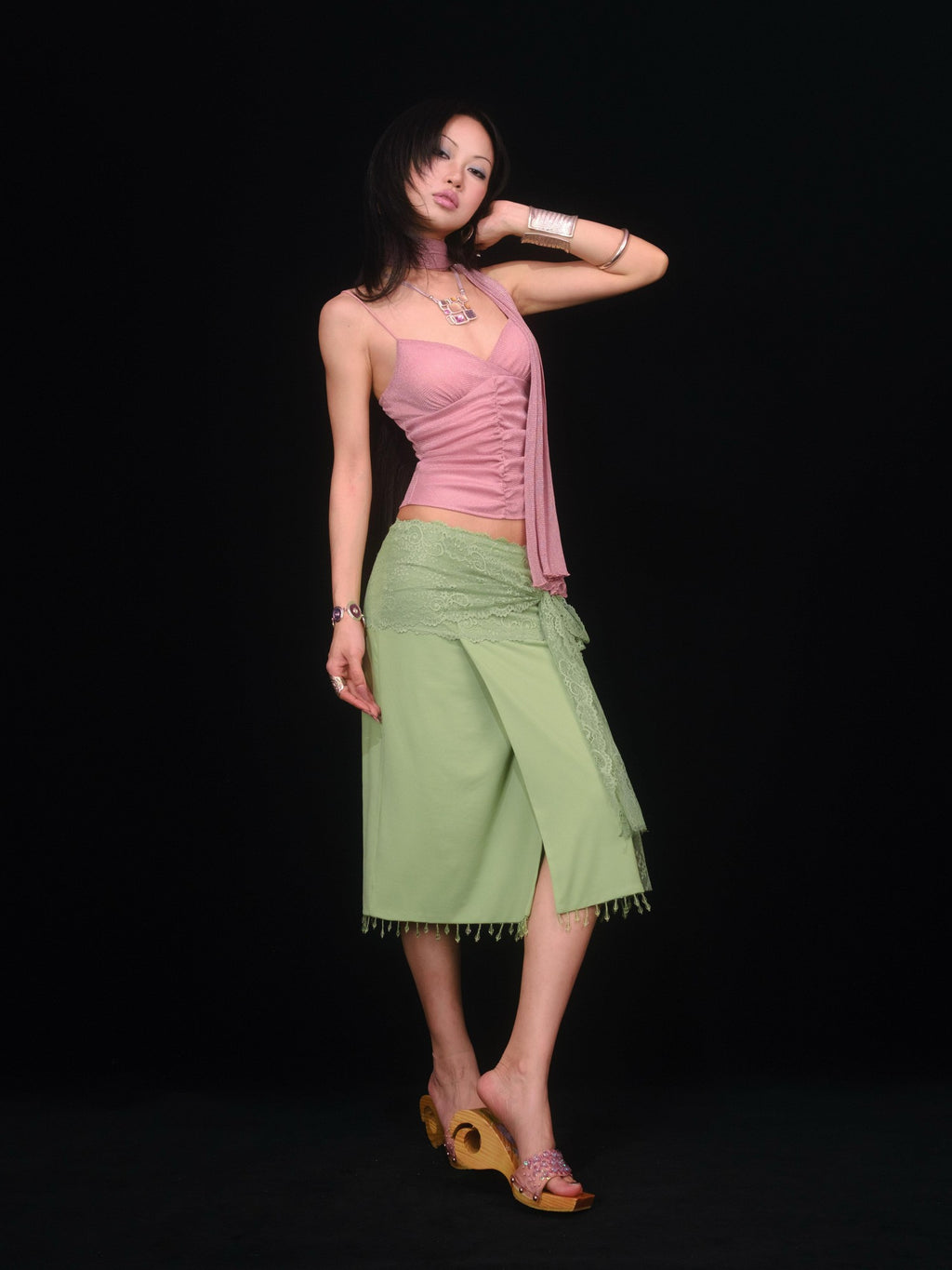 SCCREBEL Vibrant Green Handmade Beaded Patchwork Low Waist Women's Lace Midi Skirts