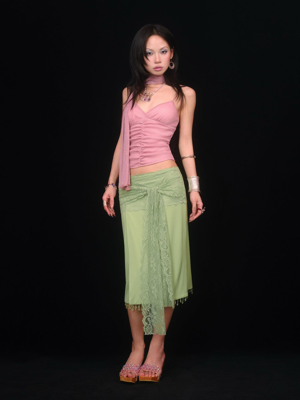 SCCREBEL Vibrant Green Handmade Beaded Patchwork Low Waist Women's Lace Midi Skirts
