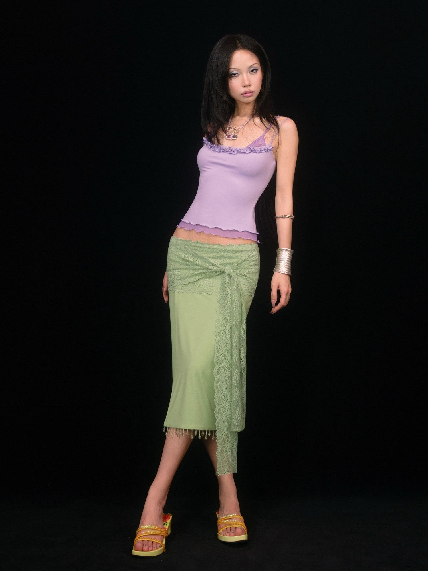 SCCREBEL Vibrant Green Handmade Beaded Patchwork Low Waist Women's Lace Midi Skirts