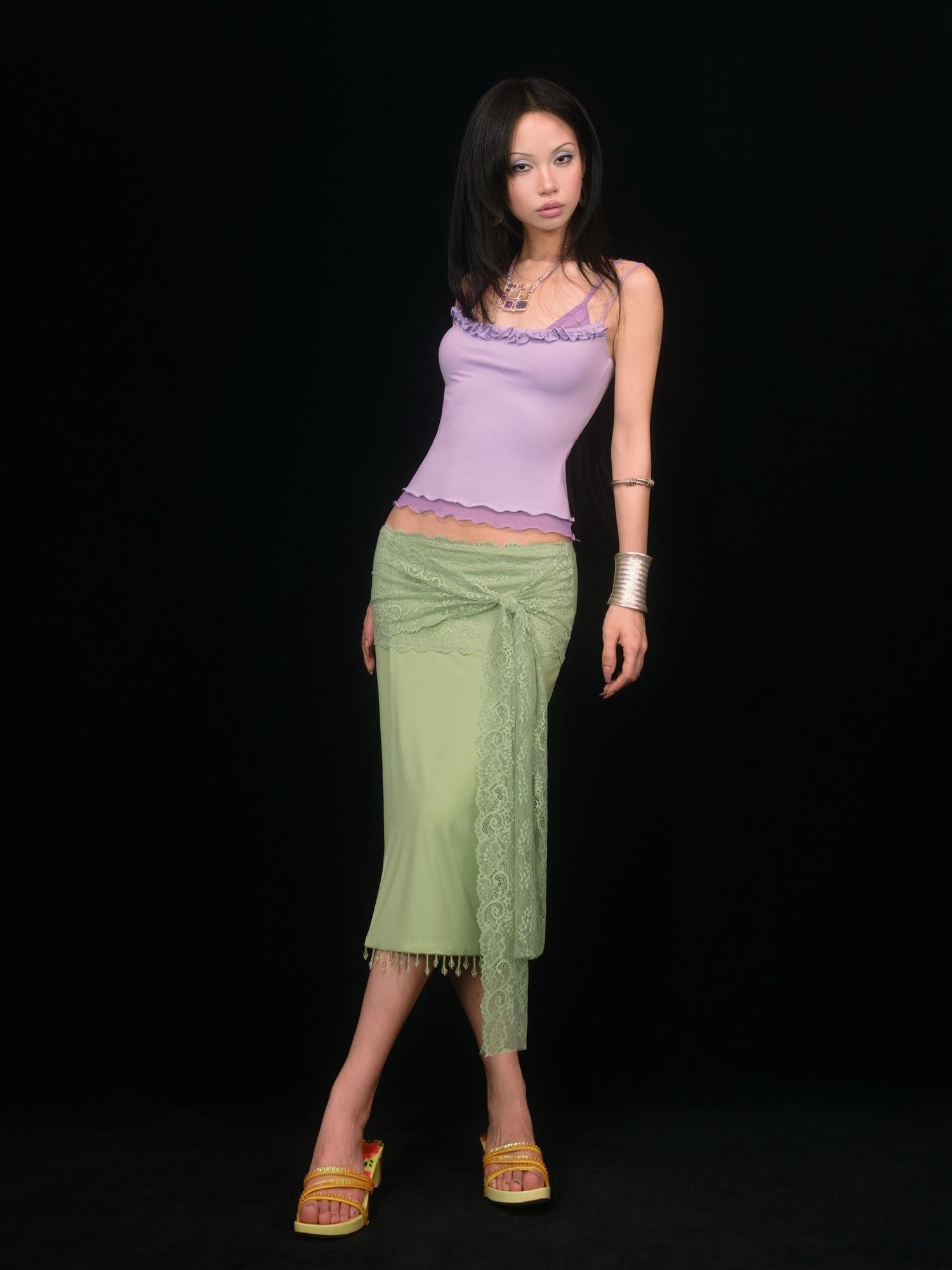 SCCREBEL Vibrant Green Handmade Beaded Patchwork Low Waist Women's Lace Midi Skirts