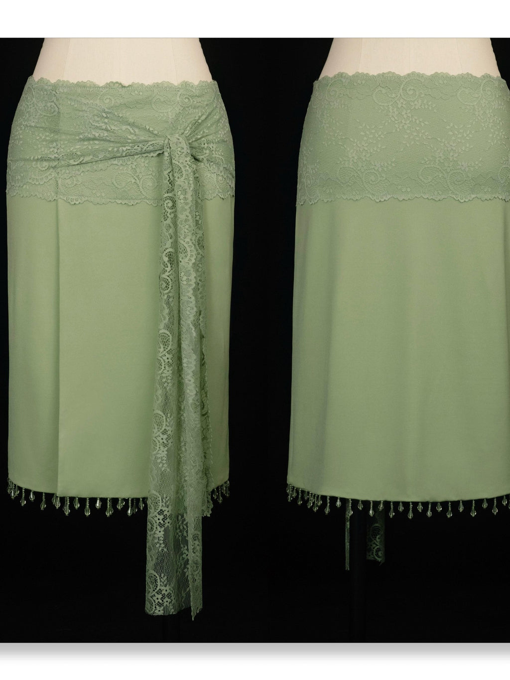 SCCREBEL Vibrant Green Handmade Beaded Patchwork Low Waist Women's Lace Midi Skirts