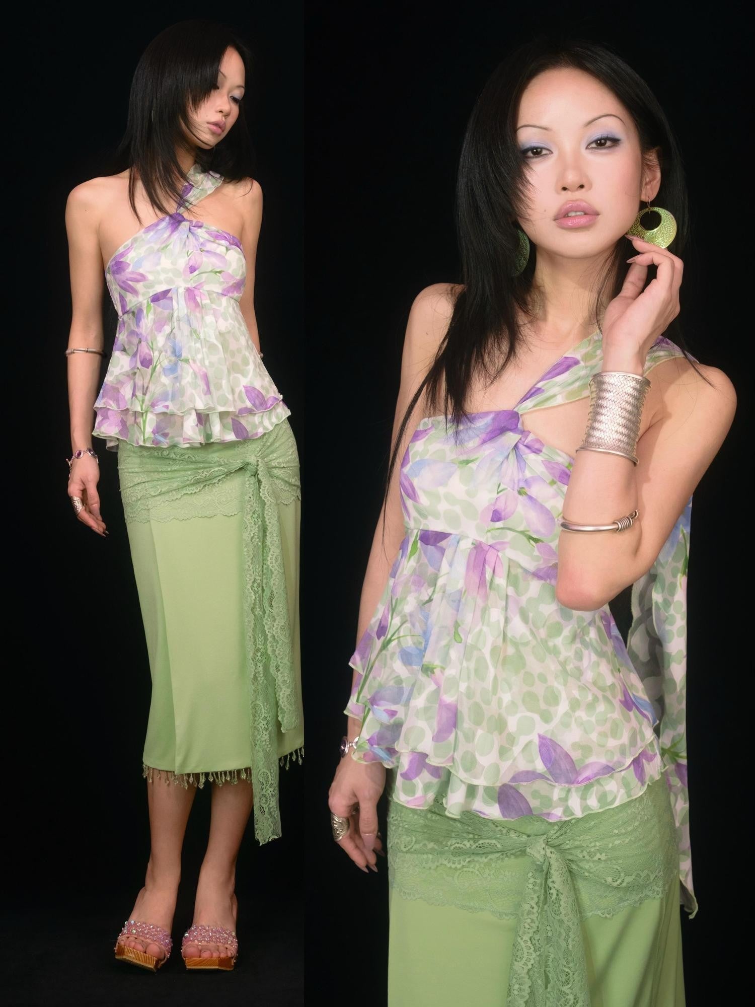 SCCREBEL Vintage Floral Print Ruffle Twist Tie Back Women's Chiffon Camisoles