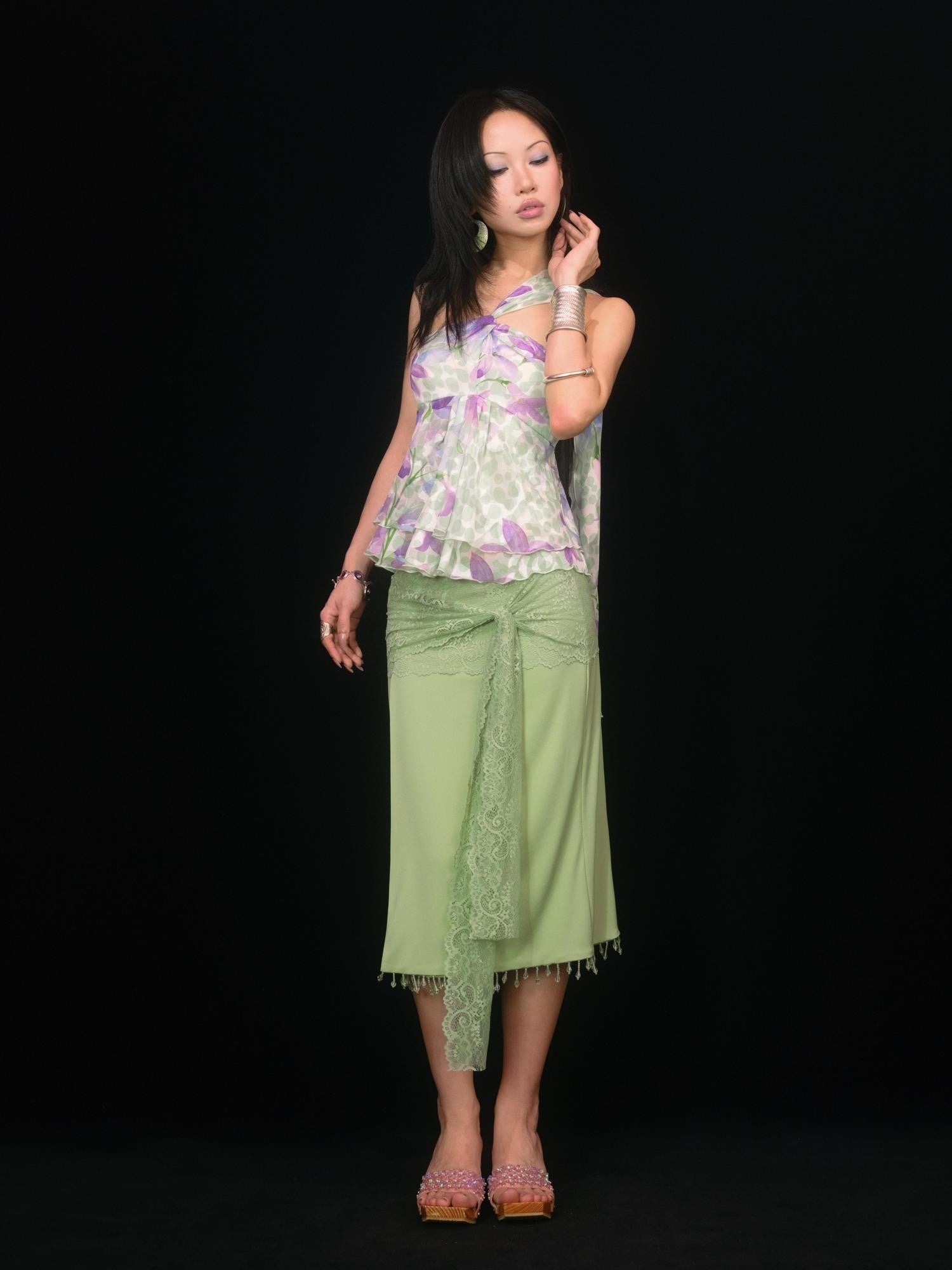 SCCREBEL Vintage Floral Print Ruffle Twist Tie Back Women's Chiffon Camisoles