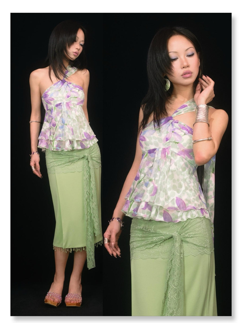 SCCREBEL Vintage Floral Print Ruffle Twist Tie Back Women's Chiffon Camisoles