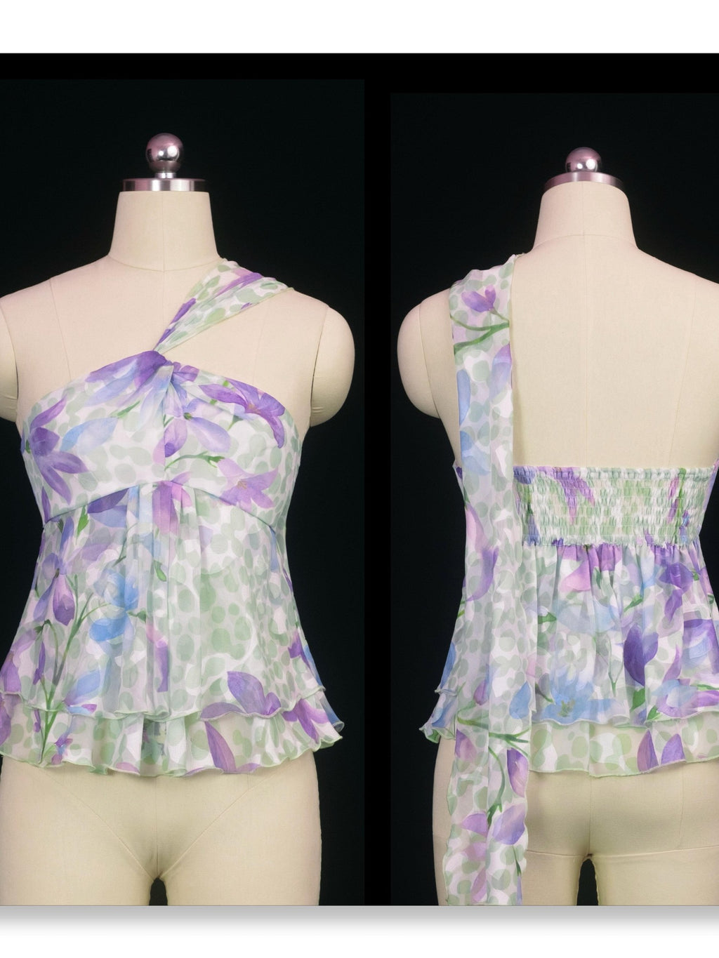 SCCREBEL Vintage Floral Print Ruffle Twist Tie Back Women's Chiffon Camisoles