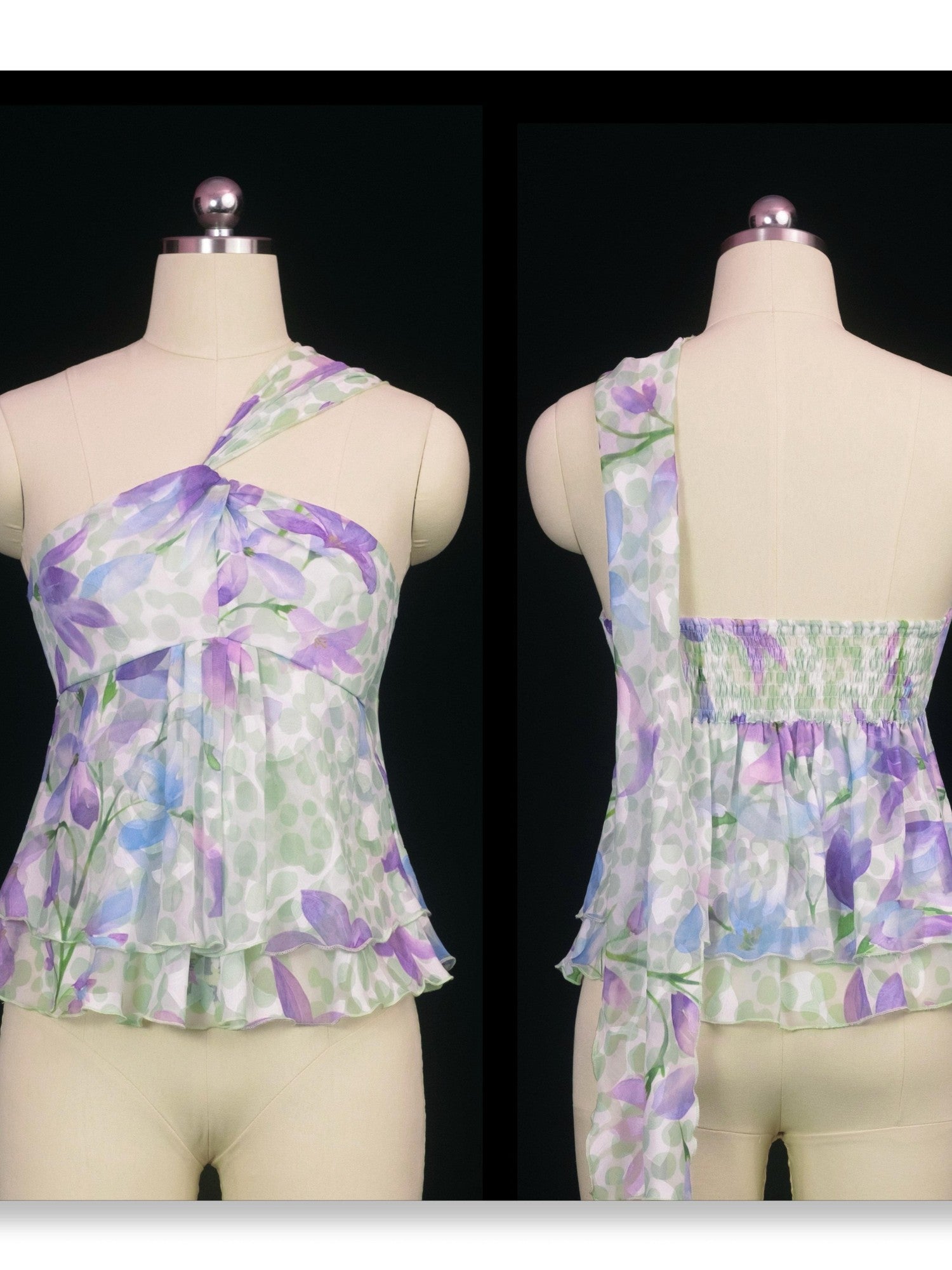 SCCREBEL Vintage Floral Print Ruffle Twist Tie Back Women's Chiffon Camisoles