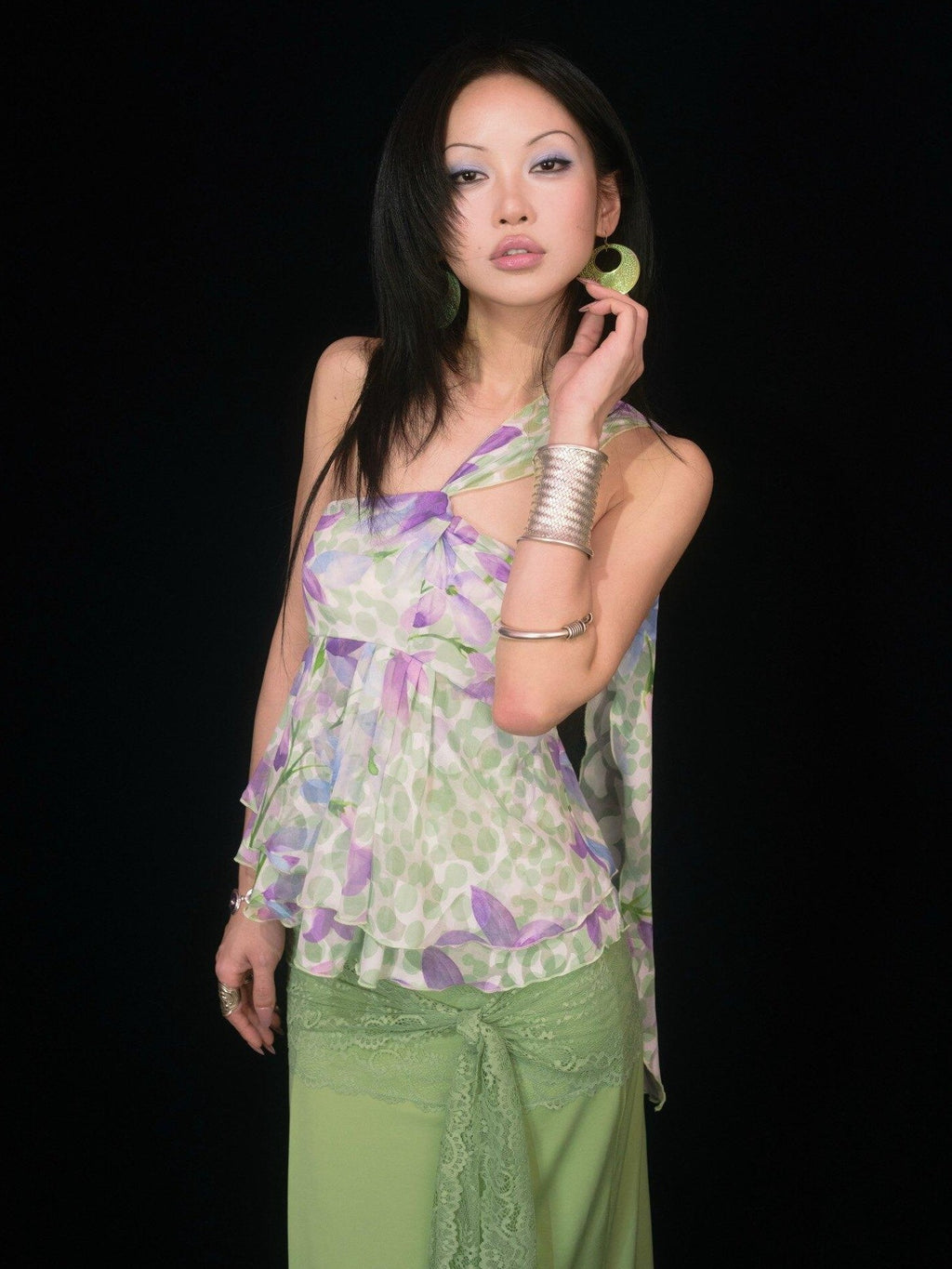 SCCREBEL Vintage Floral Print Ruffle Twist Tie Back Women's Chiffon Camisoles