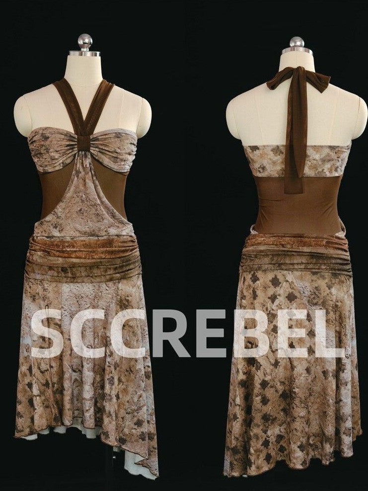 SCCREBEL Vintage Print Mesh Asymmetric High Slit Women's Spandex Halter Midi Dresses
