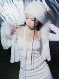 SCCREBEL White Plush Tie V-neck Short Knit High Waist Women's Spandex Cotton Cardigans
