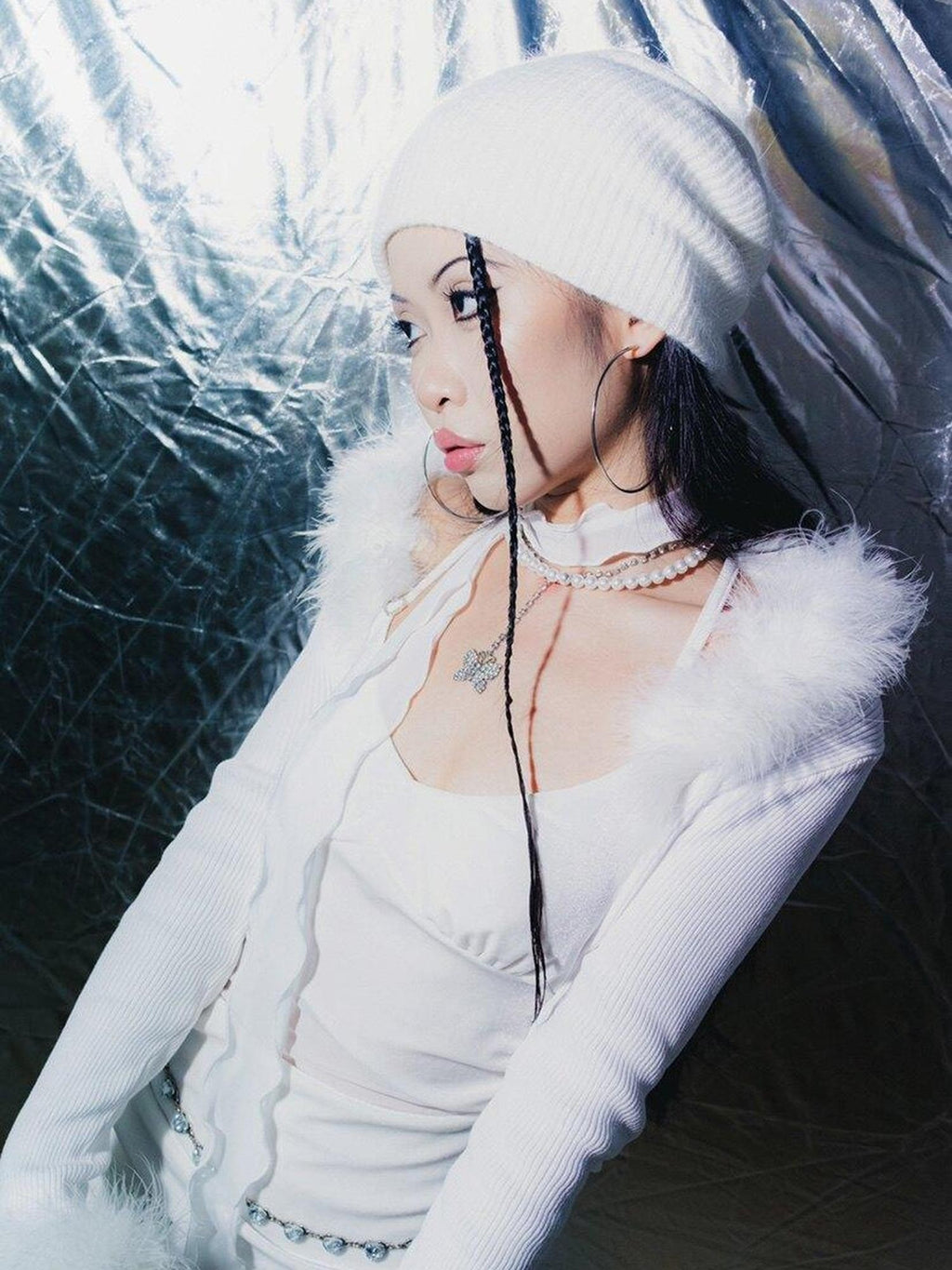 SCCREBEL White Plush Tie V-neck Short Knit High Waist Women's Spandex Cotton Cardigans