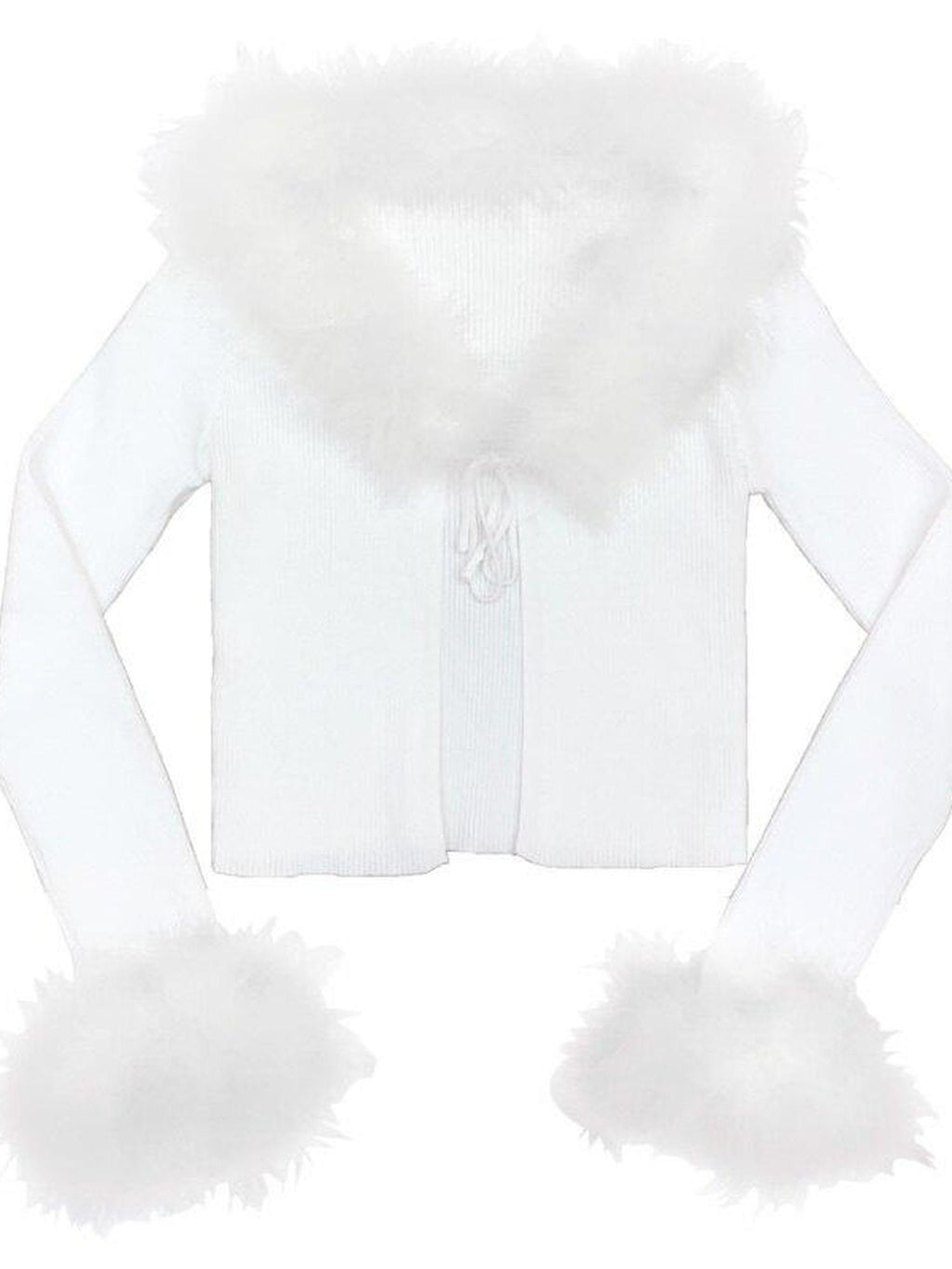 SCCREBEL White Plush Tie V-neck Short Knit High Waist Women's Spandex Cotton Cardigans