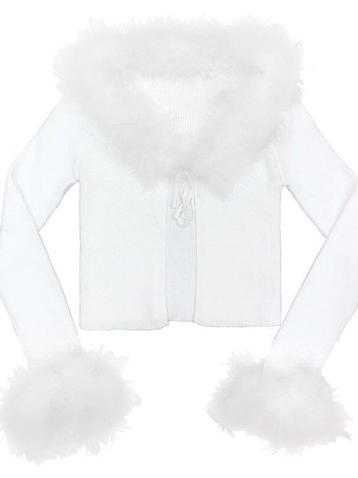 SCCREBEL White Plush Tie V-neck Short Knit High Waist Women's Spandex Cotton Cardigans