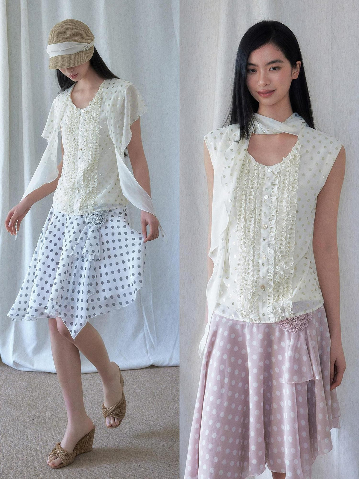 SENSELF 3 Way Wear Gold Foil Polka Dot Scarf Vest Women's Chiffon Blouses