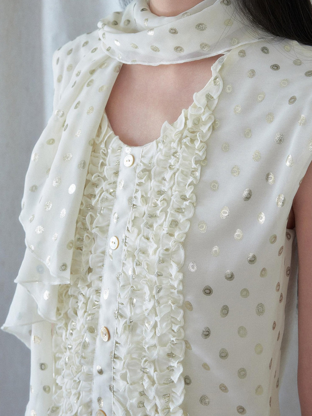 SENSELF 3 Way Wear Gold Foil Polka Dot Scarf Vest Women's Chiffon Blouses