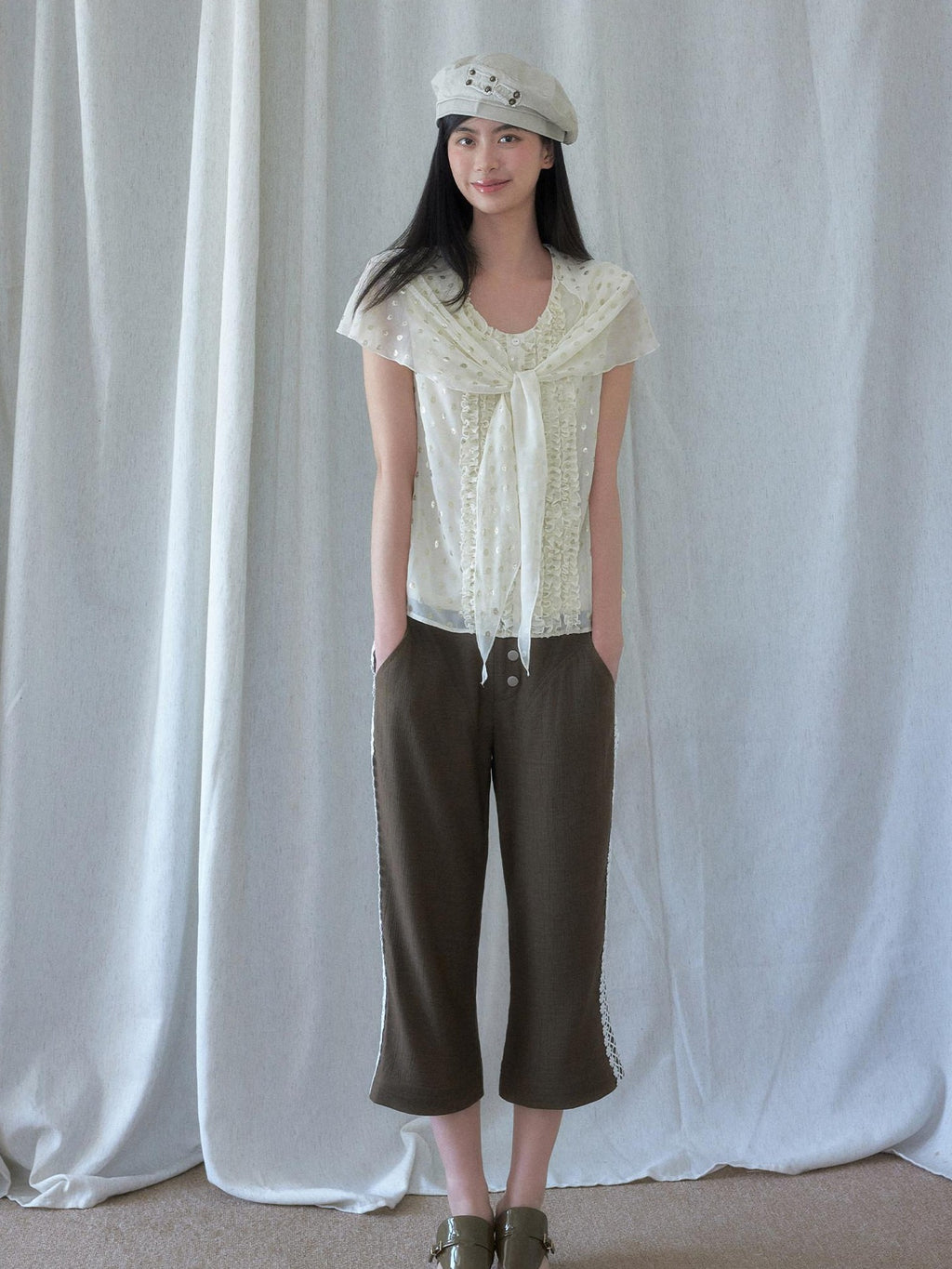 SENSELF 3 Way Wear Gold Foil Polka Dot Scarf Vest Women's Chiffon Blouses