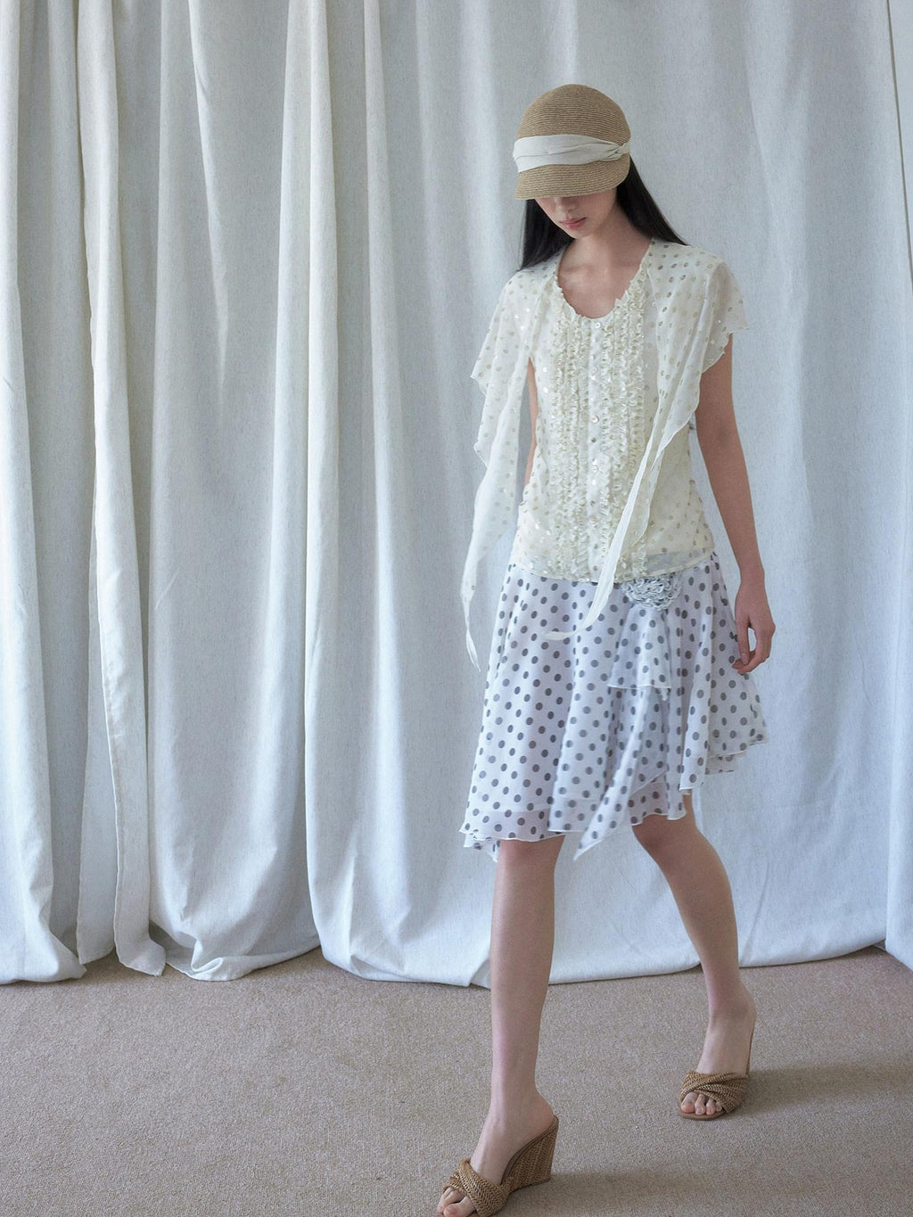 SENSELF 3 Way Wear Gold Foil Polka Dot Scarf Vest Women's Chiffon Blouses
