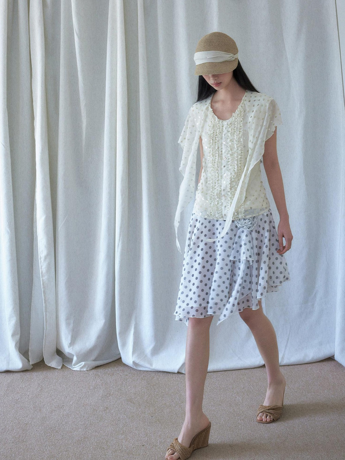 SENSELF 3 Way Wear Gold Foil Polka Dot Scarf Vest Women's Chiffon Blouses