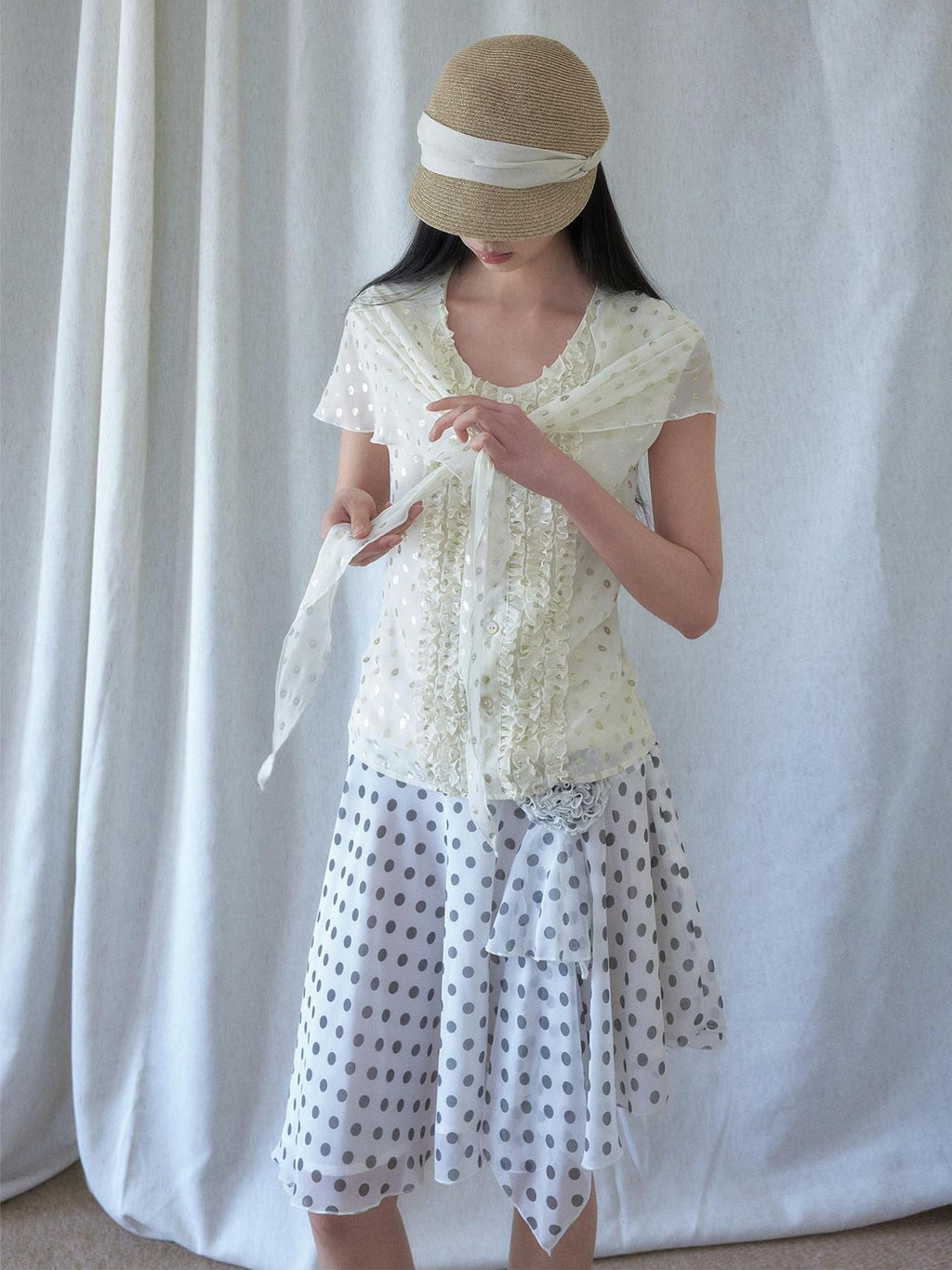SENSELF 3 Way Wear Gold Foil Polka Dot Scarf Vest Women's Chiffon Blouses
