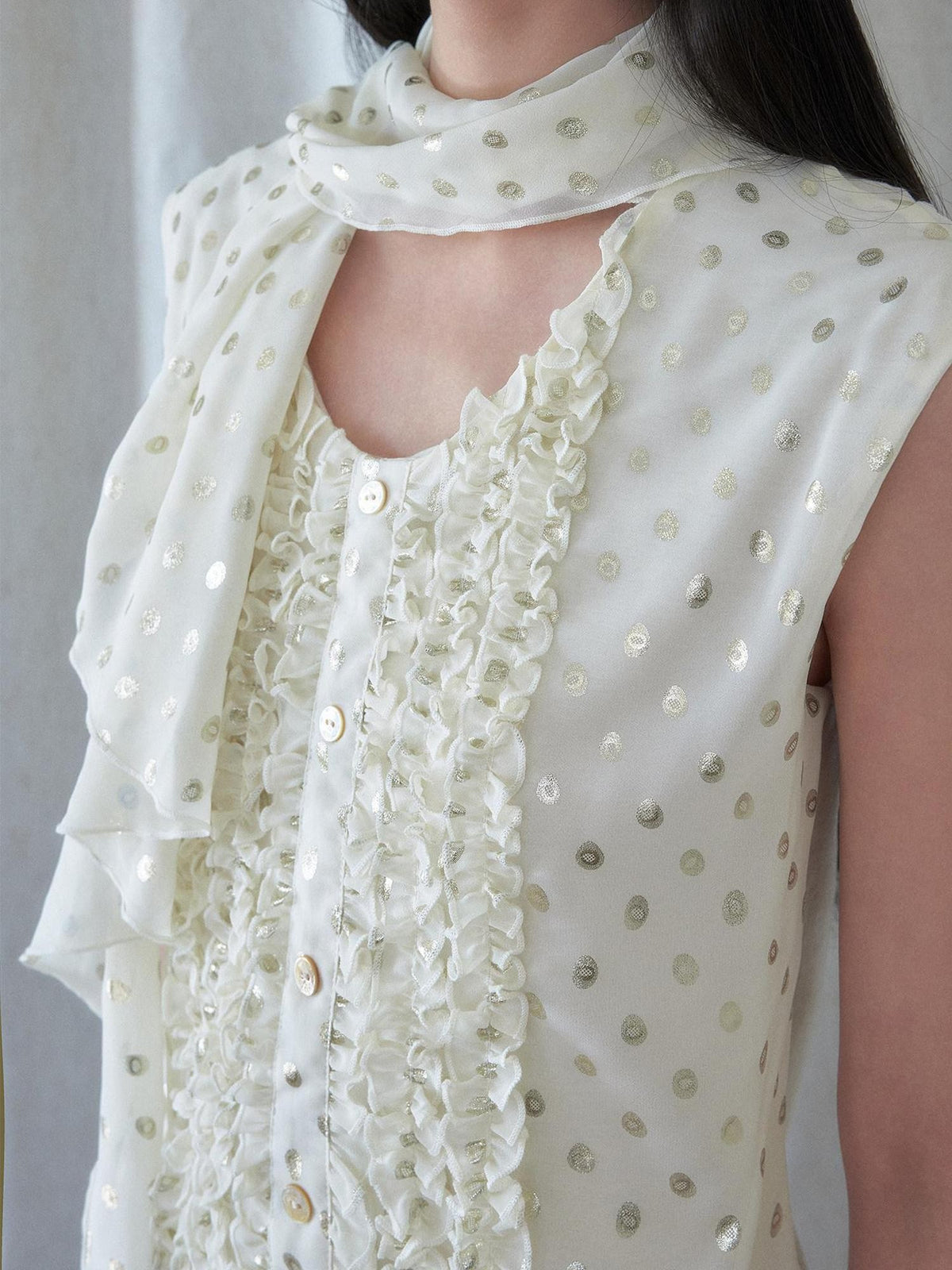 SENSELF 3 Way Wear Gold Foil Polka Dot Scarf Vest Women's Chiffon Blouses