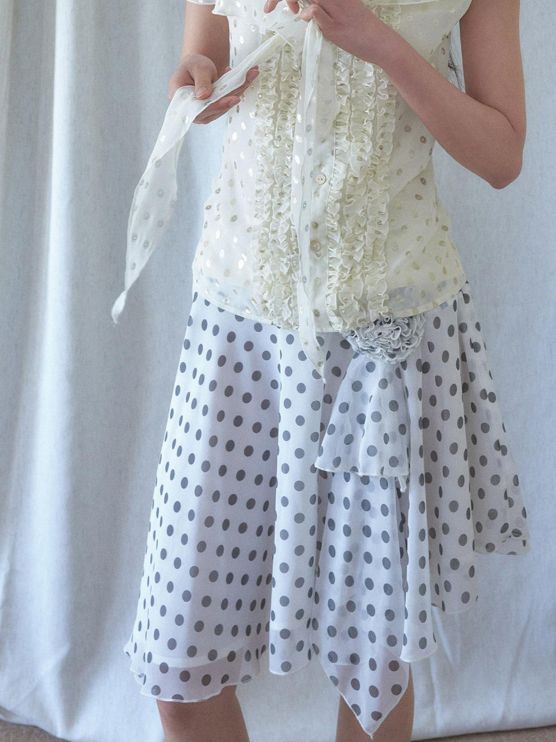 SENSELF 3 Way Wear Gold Foil Polka Dot Scarf Vest Women's Chiffon Blouses