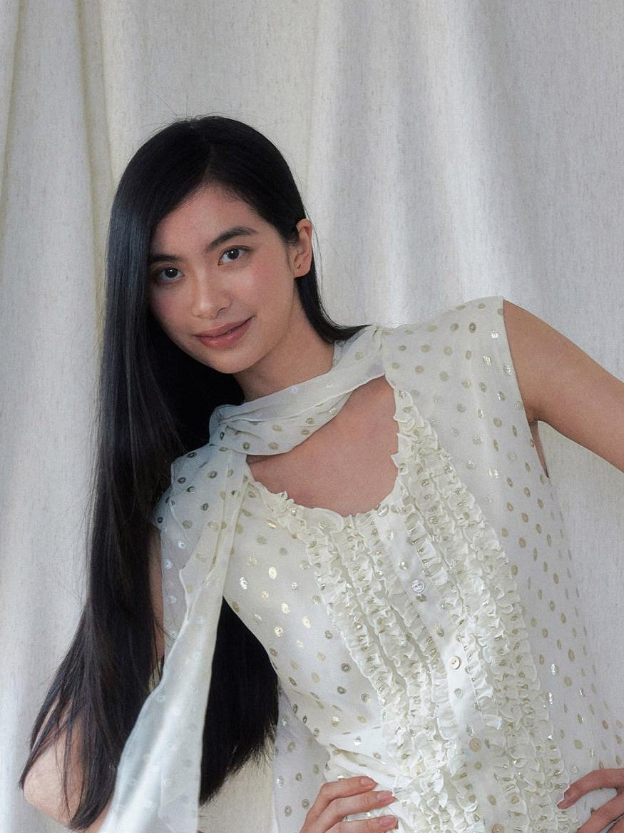 SENSELF 3 Way Wear Gold Foil Polka Dot Scarf Vest Women's Chiffon Blouses