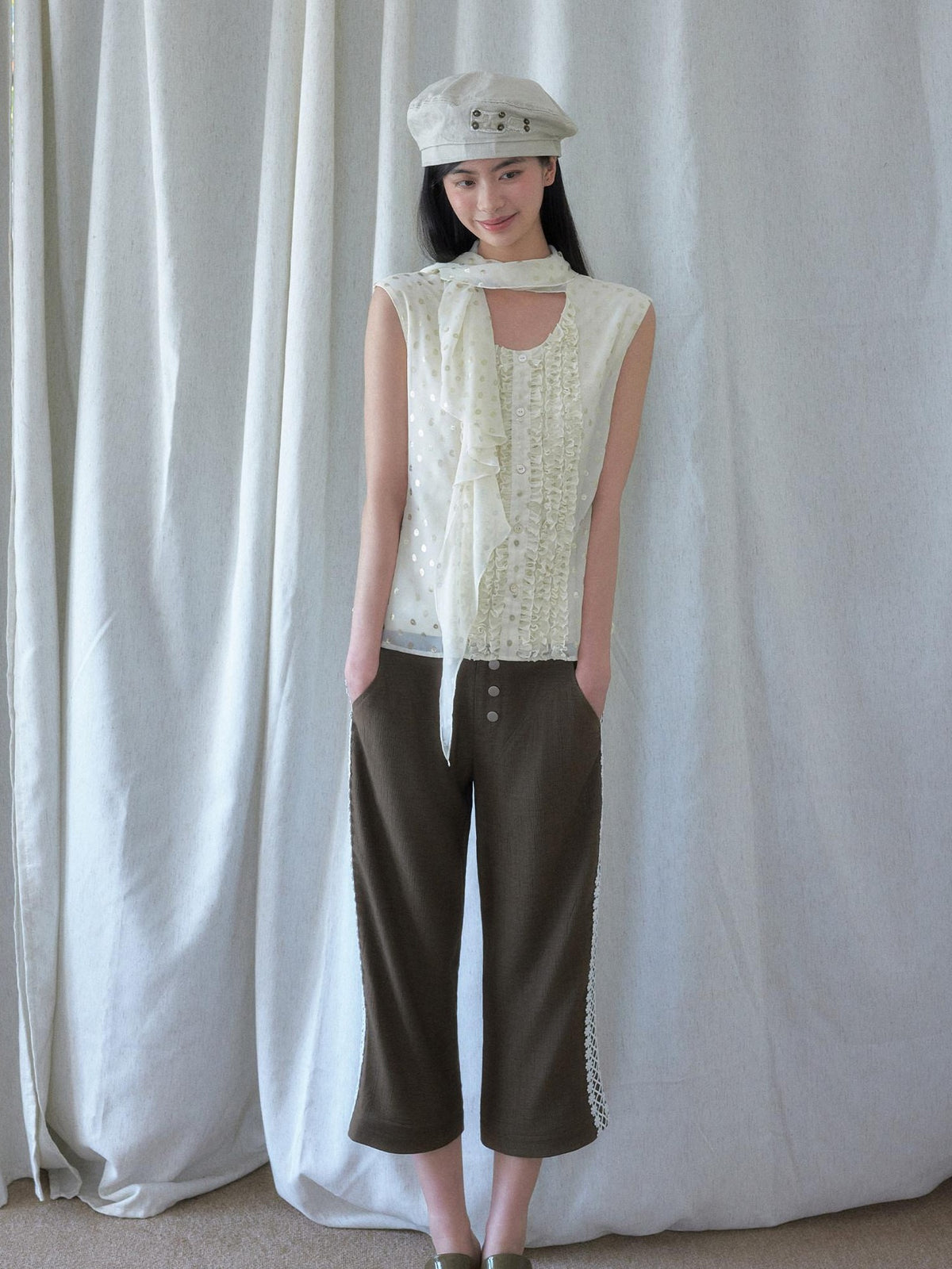SENSELF 3 Way Wear Gold Foil Polka Dot Scarf Vest Women's Chiffon Blouses