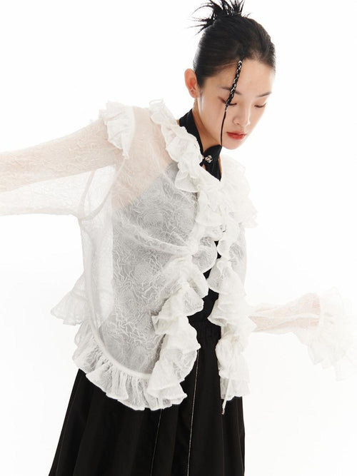SENSELF 3d Rose Pleated Ruffle Tie Loose Long Sleeve Women's Sheer Shirts