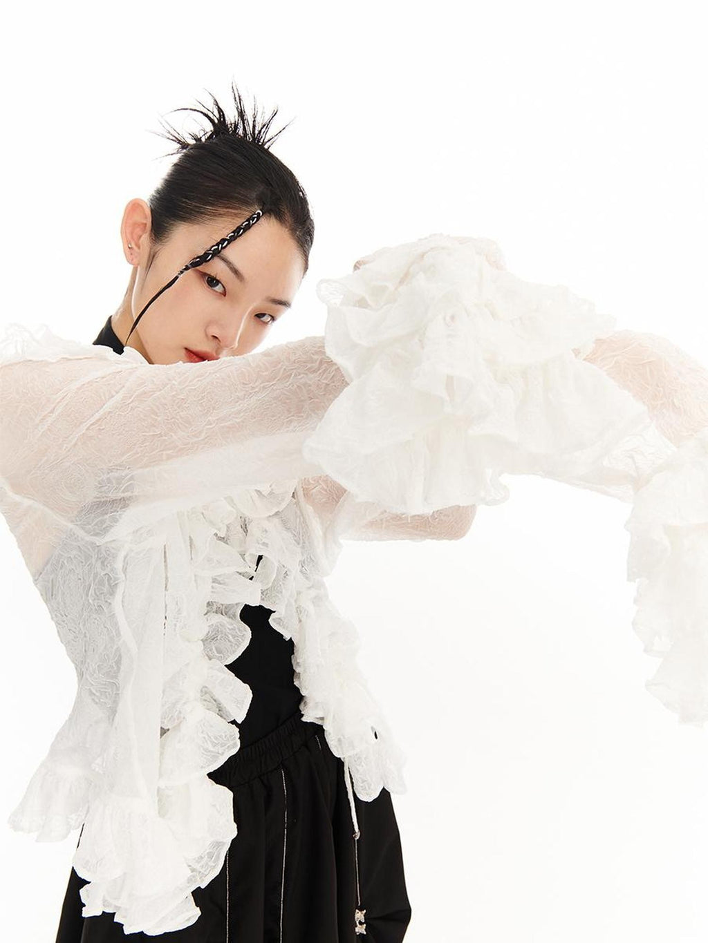 SENSELF 3d Rose Pleated Ruffle Tie Loose Long Sleeve Women's Sheer Shirts