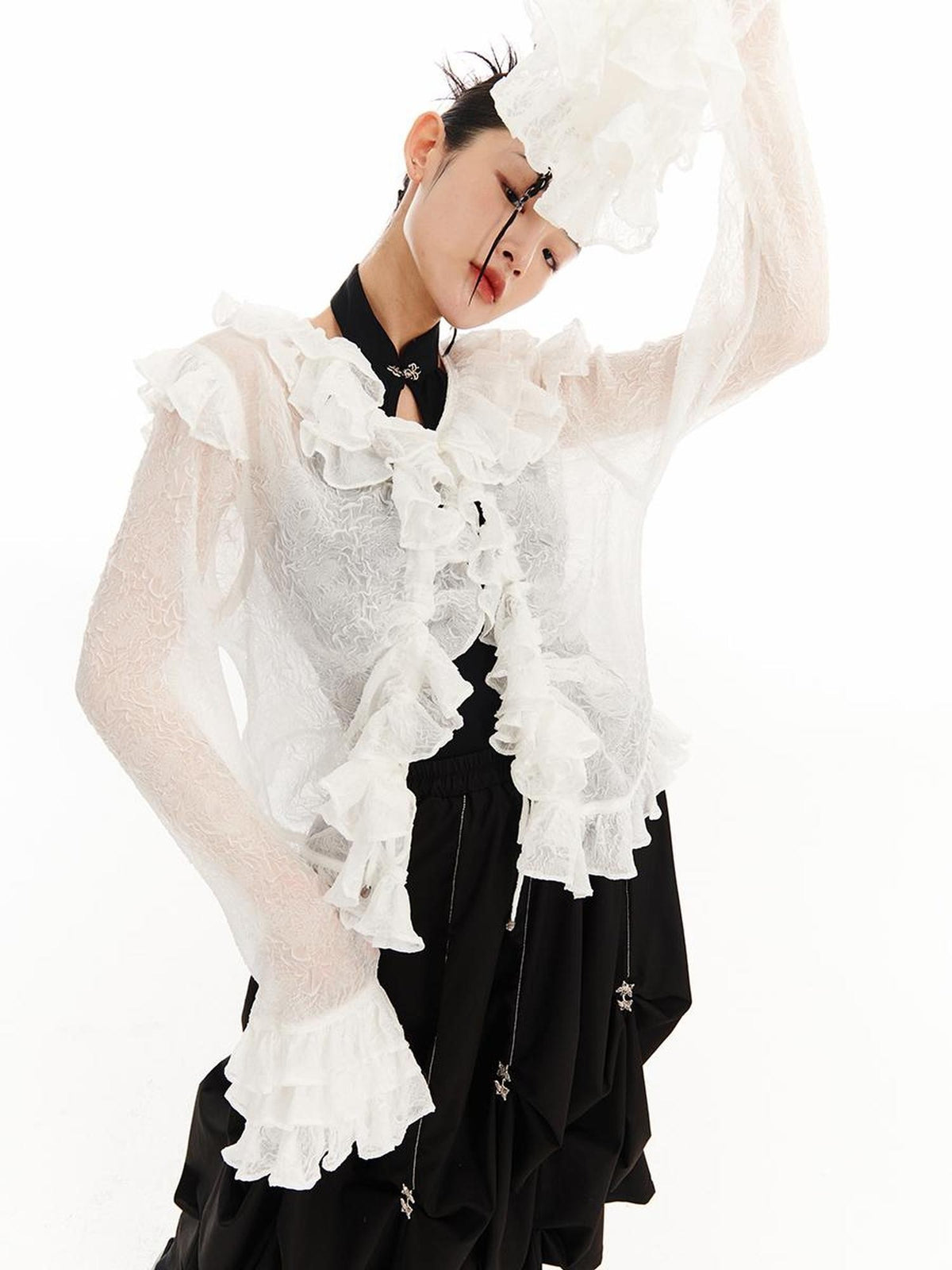 SENSELF 3d Rose Pleated Ruffle Tie Loose Long Sleeve Women's Sheer Shirts