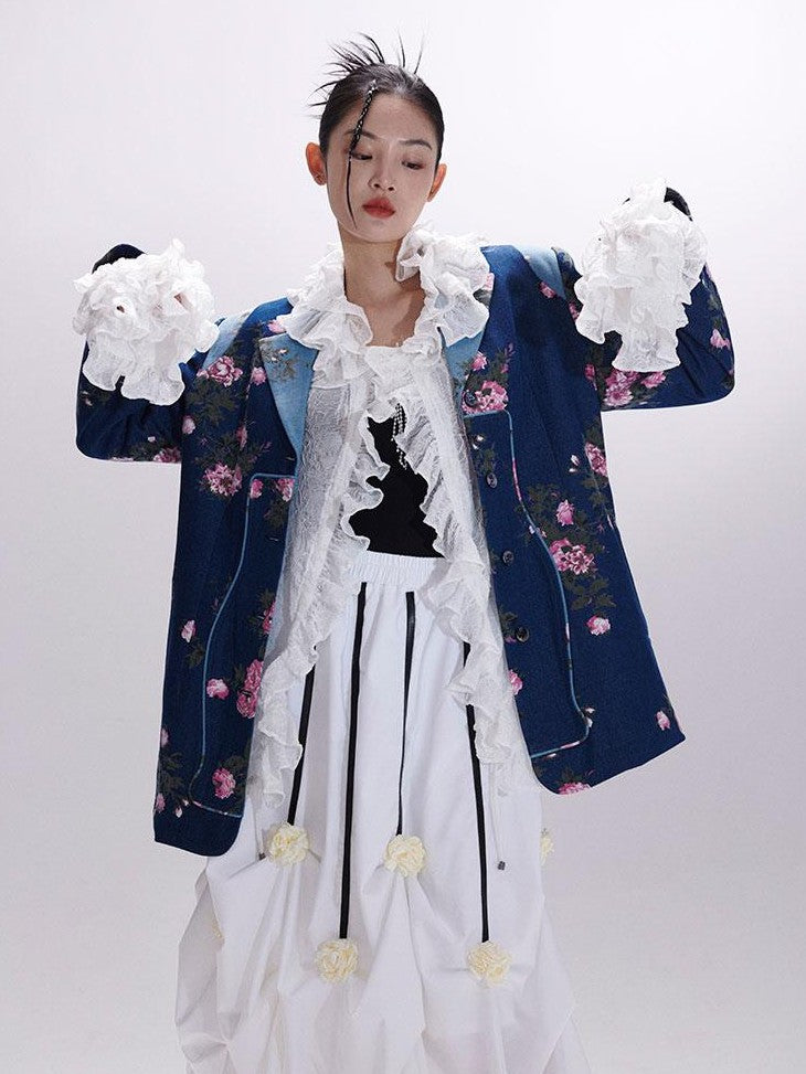 SENSELF 3d Rose Pleated Ruffle Tie Loose Long Sleeve Women's Sheer Shirts