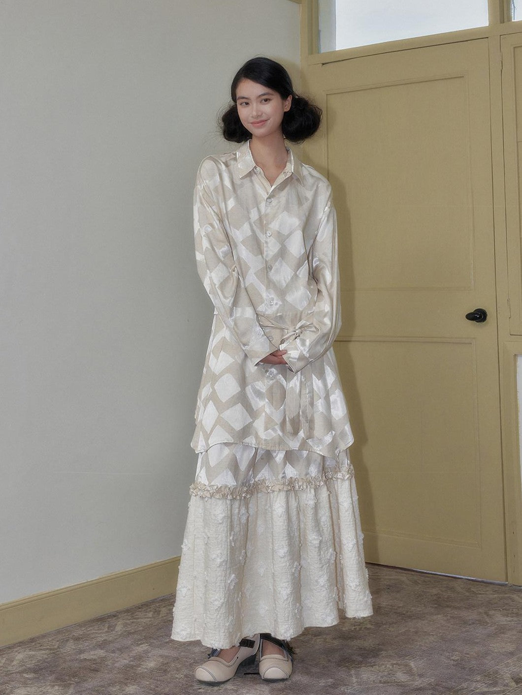 SENSELF Beige Asymmetrical Tie Gold Sheen Women's Cotton Linen Casual Maxi Dresses