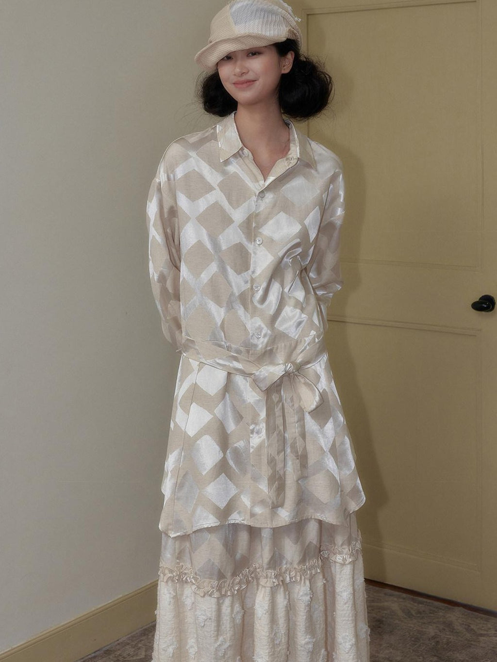 SENSELF Beige Asymmetrical Tie Gold Sheen Women's Cotton Linen Casual Maxi Dresses