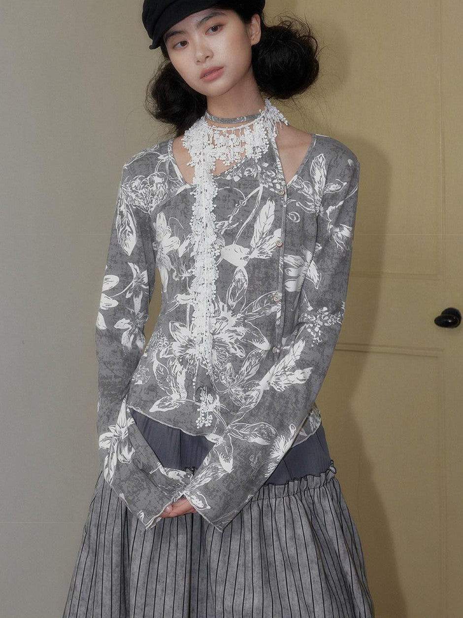SENSELF Beige Gray Asymmetrical Print Diagonal Placket Women's Knit Long Sleeve T-shirts