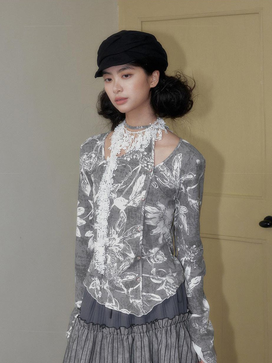 SENSELF Beige Gray Asymmetrical Print Diagonal Placket Women's Knit Long Sleeve T-shirts