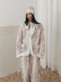 SENSELF Beige Grey Print Pleated Patchwork Tassel Slim Women's Blazers