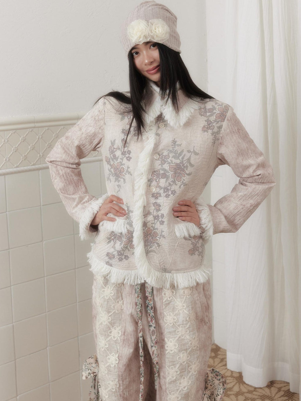 SENSELF Beige Grey Print Pleated Patchwork Tassel Slim Women's Blazers