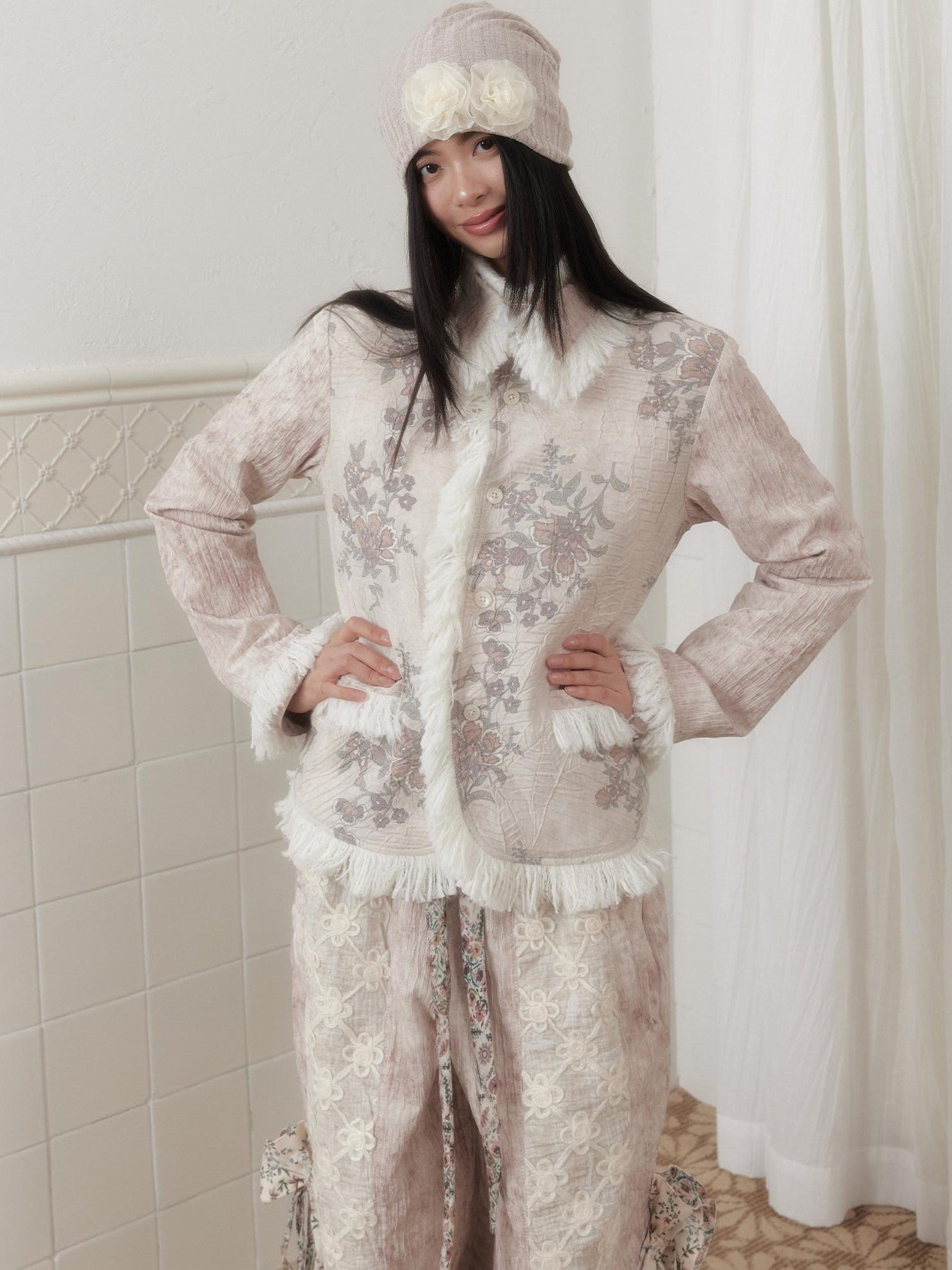 SENSELF Beige Grey Print Pleated Patchwork Tassel Slim Women's Blazers