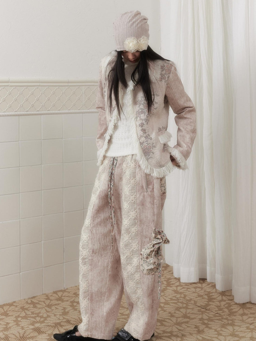 SENSELF Beige Grey Print Pleated Patchwork Tassel Slim Women's Blazers