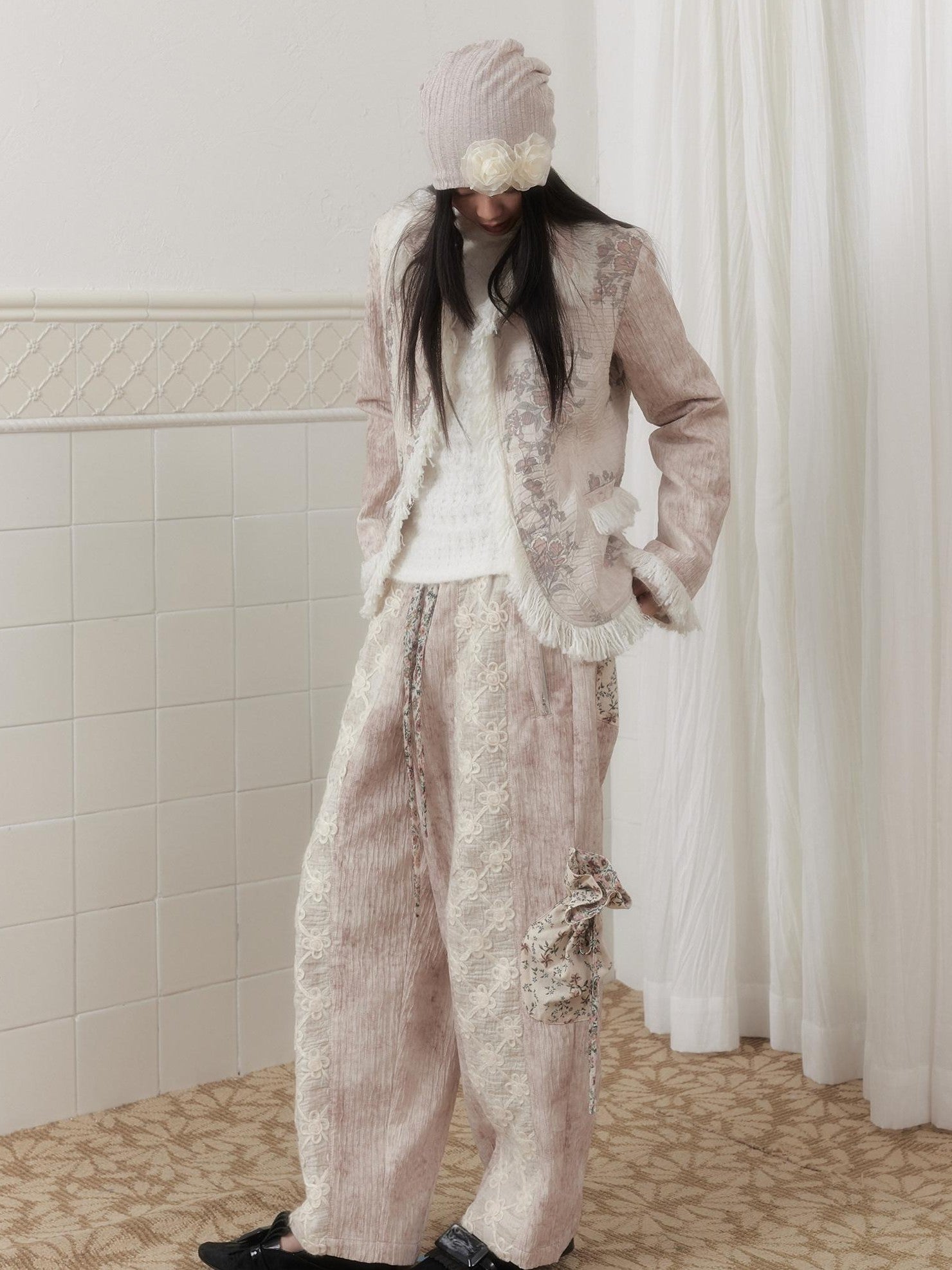 SENSELF Beige Grey Print Pleated Patchwork Tassel Slim Women's Blazers