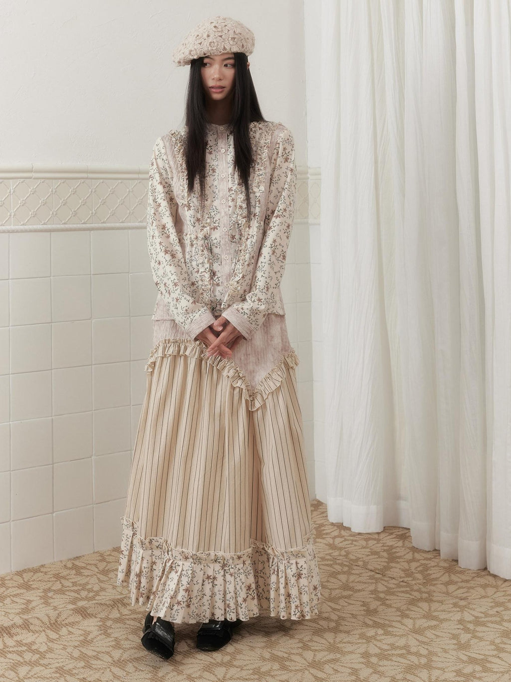 SENSELF Beige Khaki Patchwork Striped Irregular Pleated Lace Aline Women's Maxi Skirts