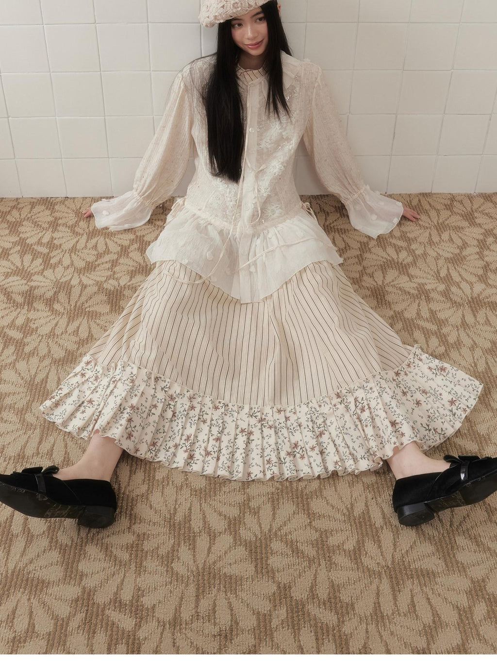 SENSELF Beige Khaki Patchwork Striped Irregular Pleated Lace Aline Women's Maxi Skirts