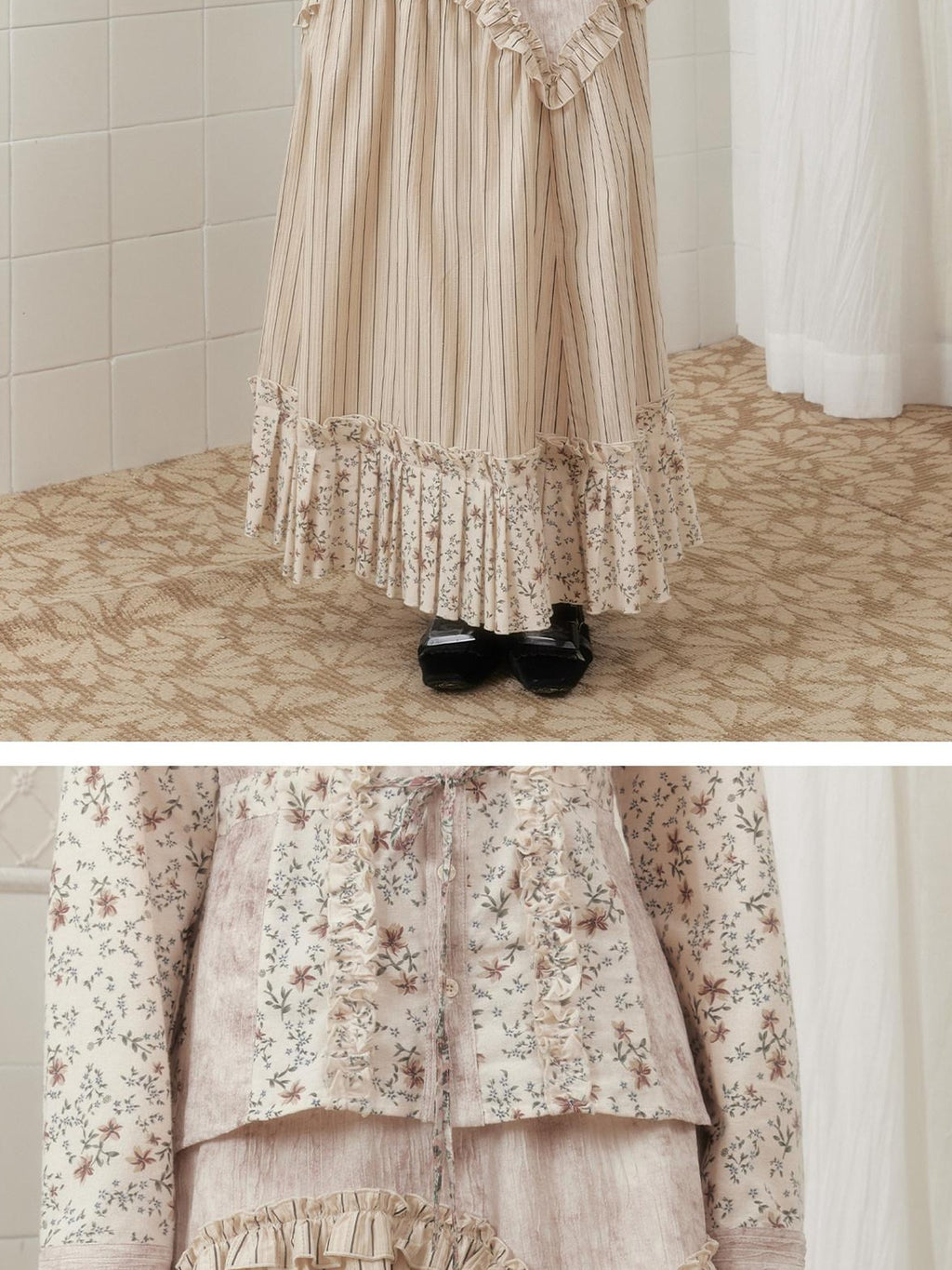 SENSELF Beige Khaki Patchwork Striped Irregular Pleated Lace Aline Women's Maxi Skirts