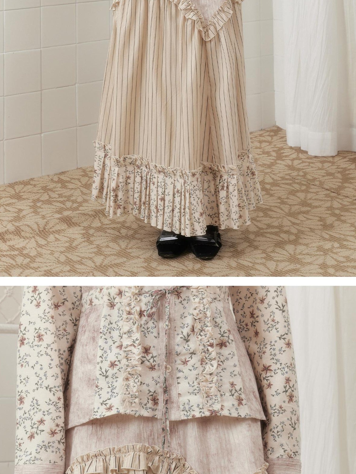 SENSELF Beige Khaki Patchwork Striped Irregular Pleated Lace Aline Women's Maxi Skirts