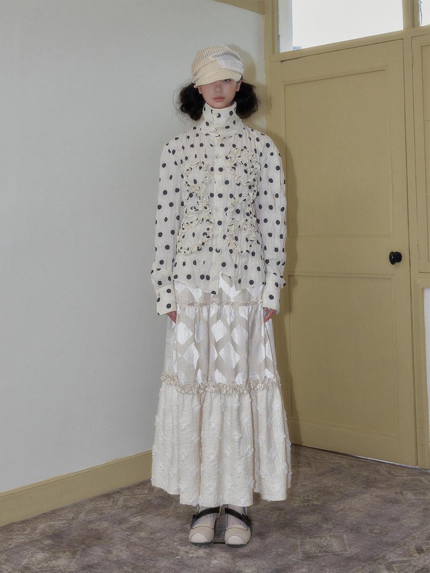 SENSELF Beige Lustrous Vintage Lace Ruffled Women's Cotton Linen Tiered Skirts
