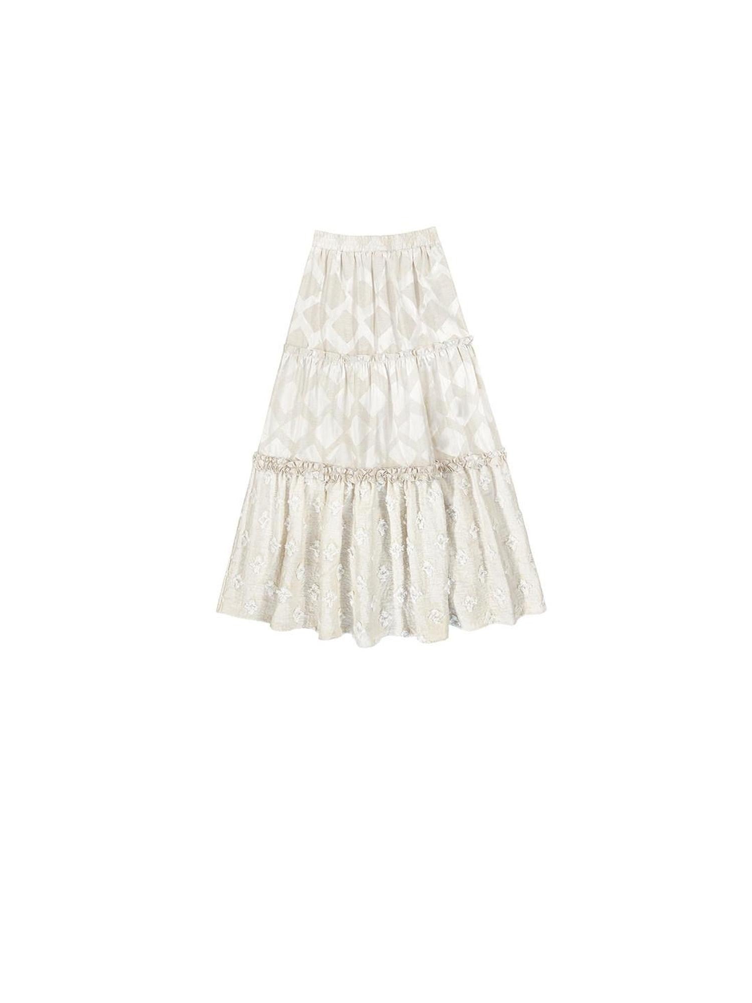 SENSELF Beige Lustrous Vintage Lace Ruffled Women's Cotton Linen Tiered Skirts