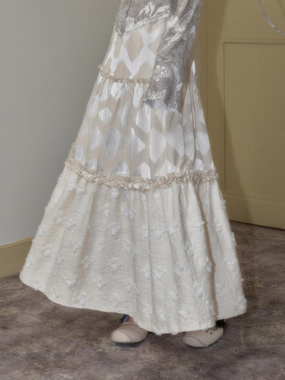 SENSELF Beige Lustrous Vintage Lace Ruffled Women's Cotton Linen Tiered Skirts