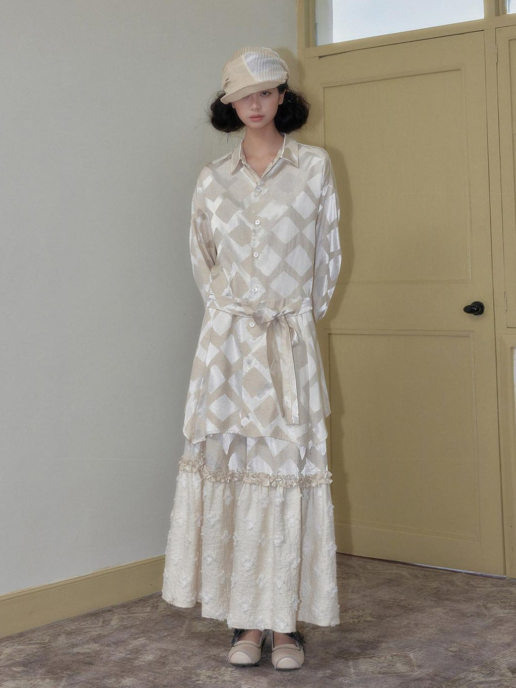 SENSELF Beige Lustrous Vintage Lace Ruffled Women's Cotton Linen Tiered Skirts